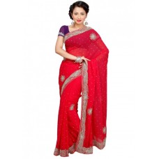 Superb Red Colored Stone Worked Chiffon Saree